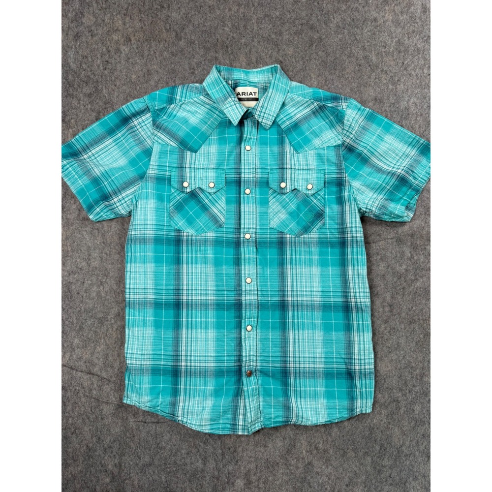 Ariat Mens Retro Fit Western Pearl Snap Shirt Teal Plaid Short Sleeve Small